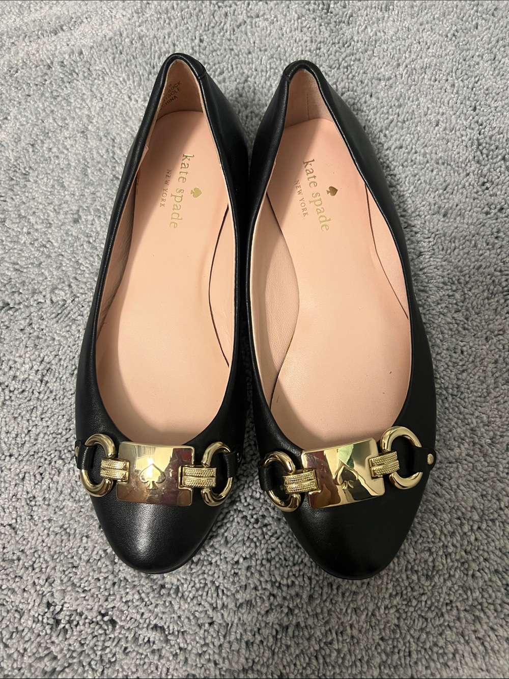 kate spade Black Leather Flats with Gold Horsebit Accent